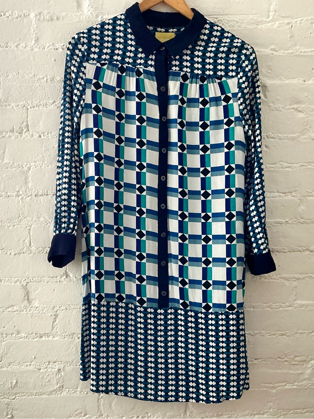 Maeve Anthropologie Blue Teal Geometric Diamond Shift Shirt Dress